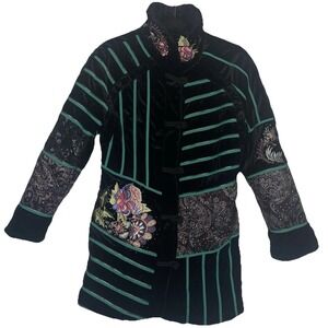Black Velvet Embroidered Chinese Jacket Womens Sz‎ S Rhinestone Fleece Warm Cozy